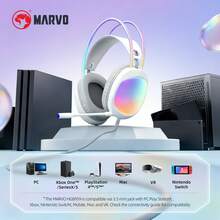 MARVO Over-Ear Gaming Headset - RGB Illuminated Earcups And Headband, Wired USB + 3.5mm Dual Plugs, 50mm Drivers, Dual Headband PU Ear Pads, External Microphone With Blue Light, Omnidirectional Microphone, Earcup Volume Control, Suitable For Gaming/Office/Study. - 白色 - 查看 6
