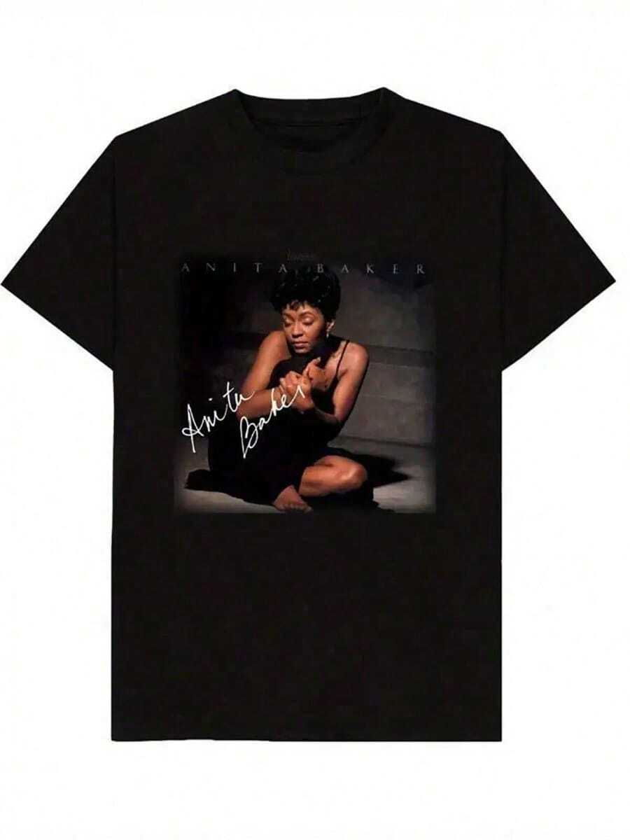 Cotton Man's Anita Baker T-Shirt - Comfortable Fit, Perfect For All Seasons, Machine Washable - Black With Vintage Musician Pattern, Short-Sleeved T-Shirt With Crew Collar, Perfect For Summer, Music Fan Clothing Vintage Graphic T-Shirt - 黑色 - 查看 1