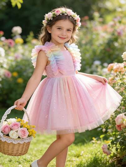 Girls Elegant Pink Cute Polka Dot Applique Print Ruffle Hem Mesh Dress, Suitable For Stage Performance, Birthday Party, Wedding, Princess Dress, Prom Dress, Graduation, Christmas