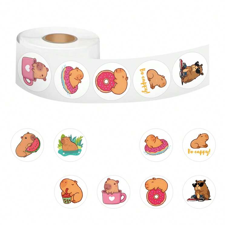 500pcs Cartoon Sticker Roll, Semi-Aquatic Herbivore Animal Stickers, Cute Cartoon Aesthetic Doodle 1 Inch Sticker Roll With 10 Pattern Labels, Suitable For Water Bottles, Laptops, Phones, Skateboards, Guitars, Luggage, Scrapbooks, Helmets, Party Decorations, Gift - Apricot - View 5