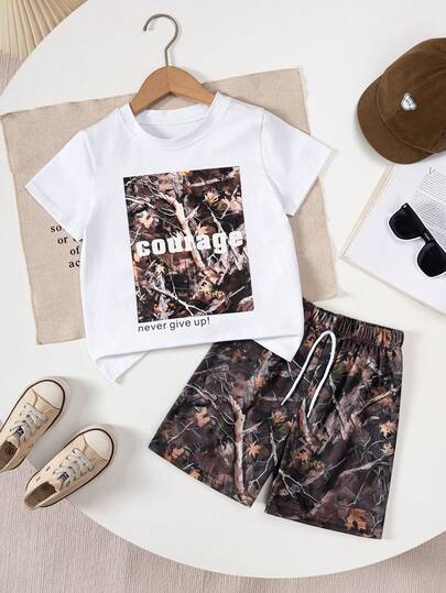 男童时尚印花纯棉T恤和短裤套装（2件），休闲街头风春夏装，适合日常、户外活动、派对等场合。