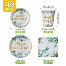 Eucalyptus Leaf Gold "Happy Birthday" Disposable Plate, Napkin, Cup Set, Plates, Napkins And Cups Party Supplies, Serves 8 Guests, Disposable Paper Plates Party Tableware Suitable For Birthday, Wedding, Theme Party, Family Picnic - Multicolor - View 10
