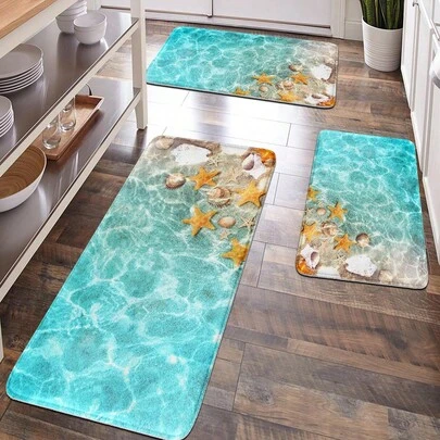 1pc Soft Plush Surface Seashell & Starfish Pattern Floor Mat, Anti-Fatigue Rug, Suitable For Home, Garden, Bathroom, Kitchen Decor, Modern Minimalist Style, Relaxing Foot Relief