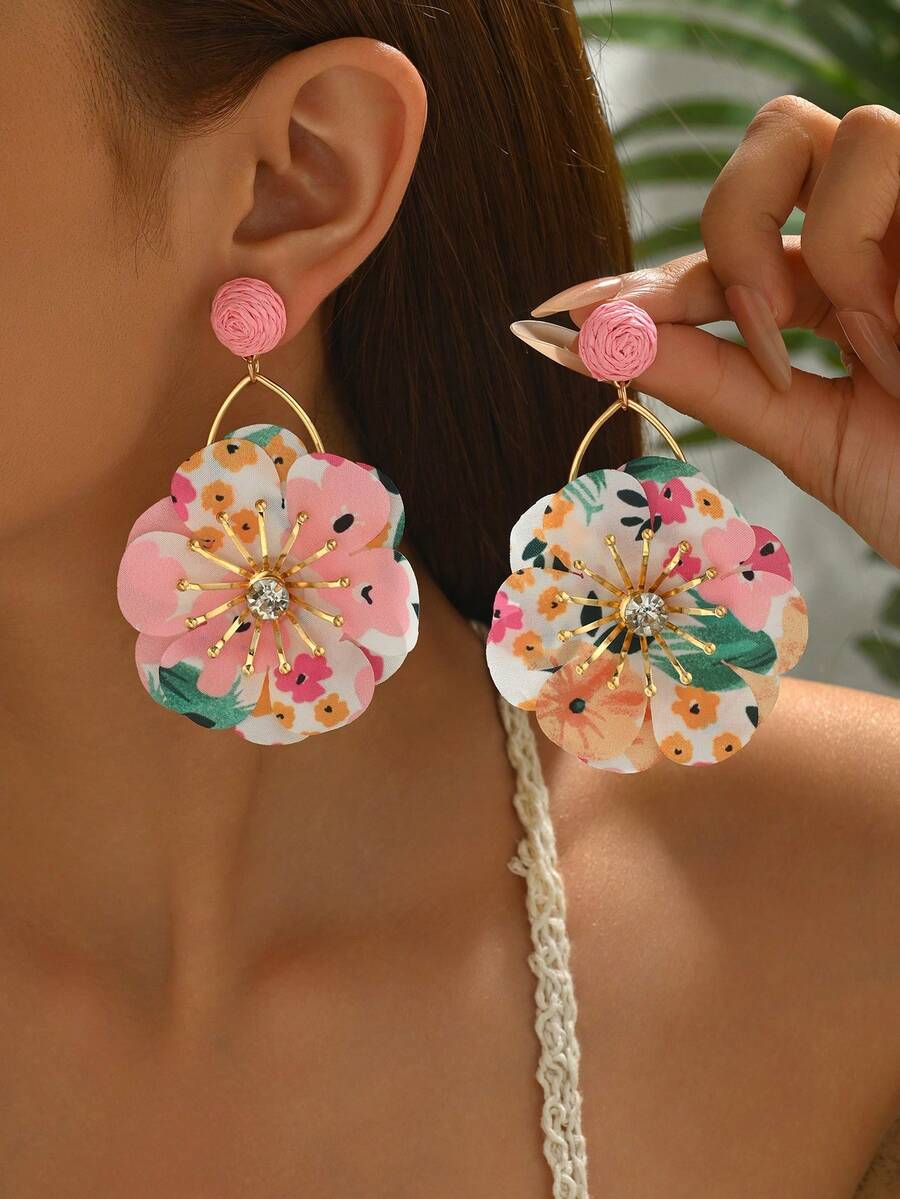 1 Đôi bông tai tua rua hoa mộc mạc, bông tai tua rua hoa bằng sợi raffia sang trọng, thích hợp cho bãi biển, du lịch, phối đồ thời trang, bông tai thanh lịch dành cho nữ. - Hồng - Xem 1