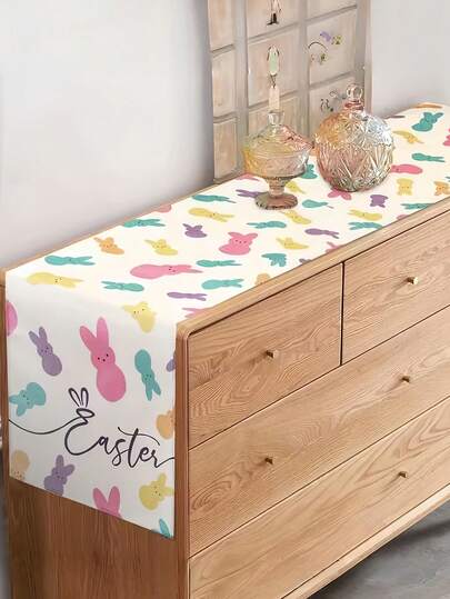 Happy Easter Bunny Table Runner, Linen Material Happy Easter Table Runner For Indoor Home Party Decoration, Easter Table Runner Easter Egg Table Runner For Kitchen Dining Table Decor, Spring Table Runner For Home Party Decoration