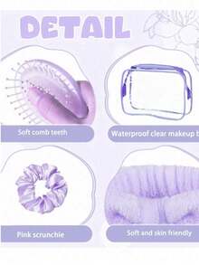 Set Sleepover Party Essentials Pack For Women Birthday Favors- Polyester Spa Party Supplies ,Purple Non-Electric Facial Cleansing Tools With Hair Bands, Combs, And Storage Bag For Bachelor Party, Sleepover, Spa Makeup Removal Kit, Storage Tote Bags Set Hair Scrunchie Gift Bags Spa Slumber Sleeping Stuff Accessories Bachelorette - Multicolor - View 2