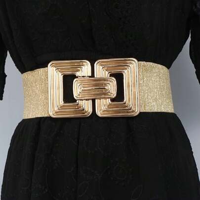 Cravure Fashionable Gold Square Buckle Elastic Waist Belt, Versatile For Skirts, Casual, Boho, Vintage, Party, Cute, Sexy, Elegant, All Seasons