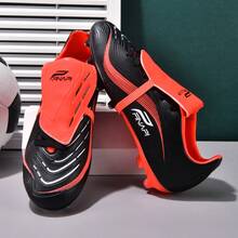 MINGBIN 1 par de zapatos de fútbol unisex, zapatos de entrenamiento y partido de césped natural al aire libre de caña baja, tacos de fútbol americano para adolescentes, zapatos deportivos profesionales con cordones delanteros de PU, tacos largos AG/FG - Negro y rojo - Ver 8