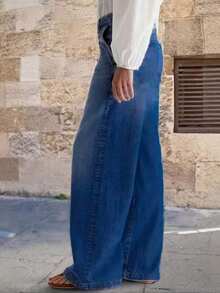 Women's Casual Denim Jeans (Waist Cinching And Hip Lifting - Small Size, Blue Multi Color Selection), Simple Style, Spring Casual Fashion Jeans, Suitable For All Seasons, Loose Hem, Back Pocket Design, Suitable For Daily Wear - Màu xanh đậm * Phong cách thời trang mùa xuân - Xem 4