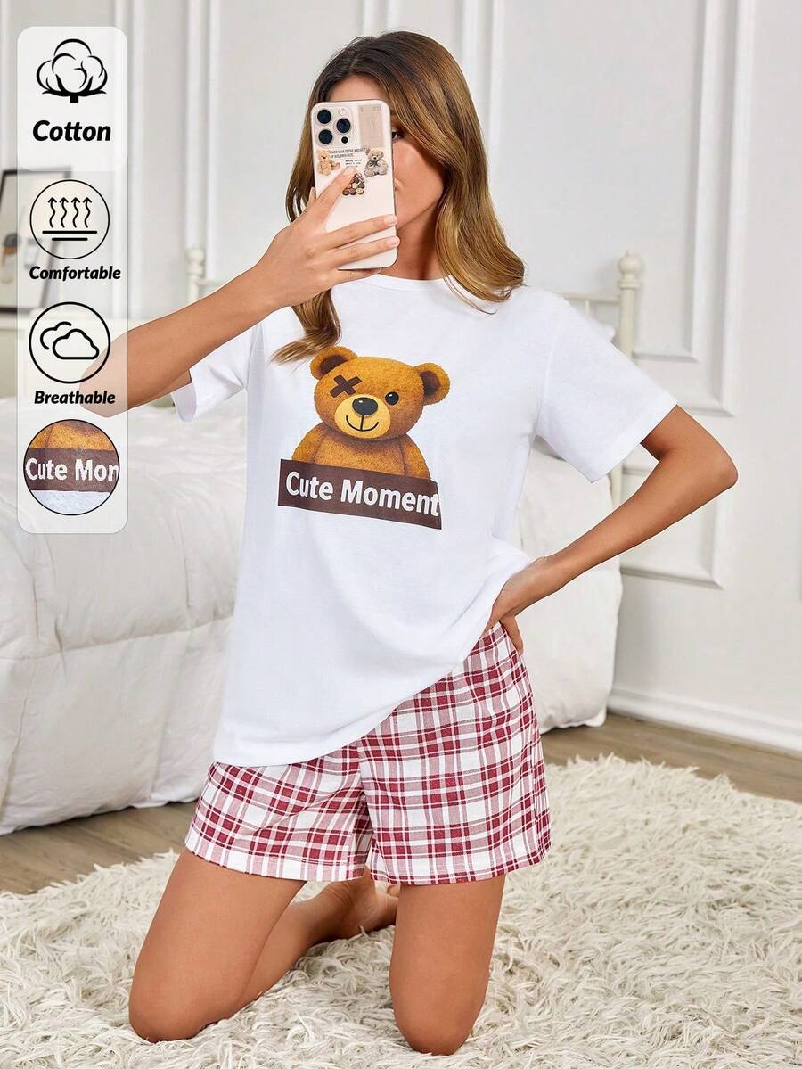 Women Allover Printed Relaxed Cottonline Regular Sleep Set With Short And T-Shirt - White - View 1