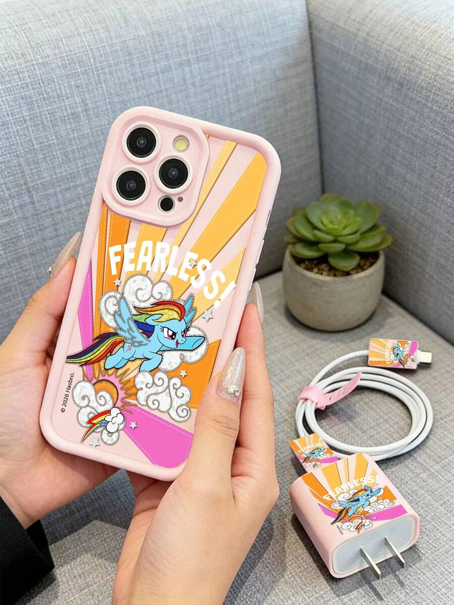 Set de 5 piezas Funda de teléfono con diseño de dibujos animados rosa + Cable de datos a juego, Licencia oficial de Hasbro, compatible con series iPhone 17, 16, 15, 14, 13, 12, 11 - Rosa - Ver 1