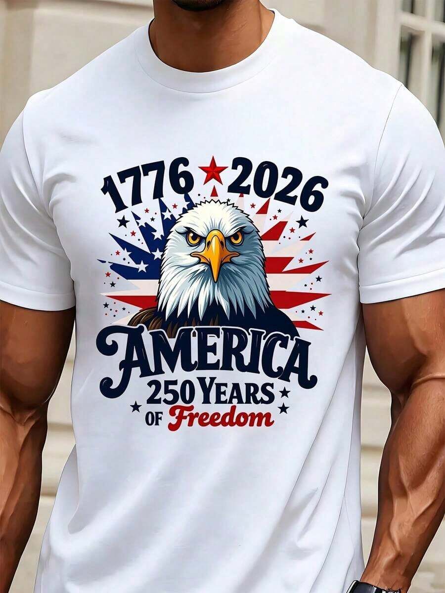 America 1776 2026 250 Years Of Freedom Patriotic Eagle T Shirt Independence Day Celebration USA Flag Design Men's White Tee - 白色 - 查看 1