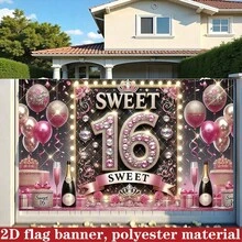 1件粉色生日背景布，印有啤酒礼盒和“Sweet 16”字样，采用高清印花工艺，印制在涤纶面料上，适用于生日派对、庭院和摄影棚拍摄。 - 彩色 - 查看 3