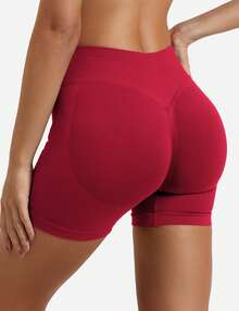 VOYJOY Women Workout Gym Impact Shorts Elieen Hidden Scrunch Butt Lifting Mid Low Waist 4.5" Seamless Shorts  Gym Shorts Black Shorts  Gym Shorts For Women Summer Women Clothes Pink Shorts  Summer Shorts For Women - 正紅色 - 查看 4