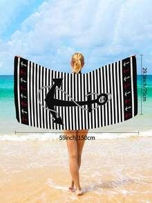 1条时尚简约黑色条纹沙滩巾，印有锚和海洋图案，速干吸水，适合旅行、露营、游泳池、瑜伽、健身、淋浴，必备沙滩度假用品（单面花卉印花，多种颜色可选） - 黑色條紋 - 查看 8