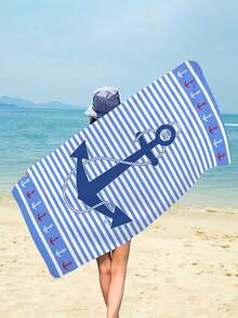 1pc Fashionable Simple Blue Striped Beach Towel, Anchor & Ocean Printed Beach Towel, Super Soft Quick Dry Beach Towel, Suitable For Travel, Camping, Swimming Pool, Yoga, Fitness, Shower, Beach Swimming Accessories, Beach Holiday Essential Gift (Single-Sided Floral Print, Multiple Colors Available) - Blue Stripes - View 6