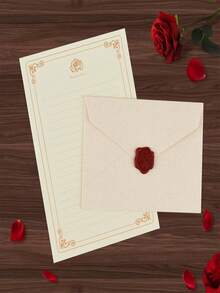 A5复古玫瑰色加厚信纸，亚麻纹理信封，带火漆印章 | 100克防水材质 | 多种颜色可选 | 适合书写、日记和情书 | 可用于制作文具、婚礼请柬、贺卡、明信片、学习用品和返校用品 - 彩色 - 查看 1