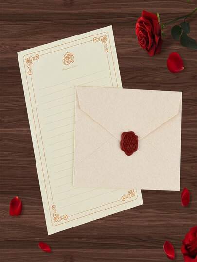 A5 Vintage Rose Heavy Weight Stationery Paper, Linen Texture Envelopes With Wax Seal Stamp | 100g Waterproof Material | Multiple Colors Available | Suitable For Handwriting, Journals, And Love Letters | Applicable For Stationery, Wedding Invitations, Greeting Cards, Postcards, School Supplies And Back To School