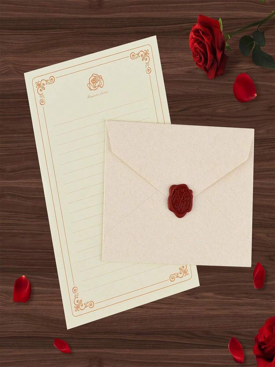 A5复古玫瑰色加厚信纸,亚麻纹理信封,带火漆印章 | 100克防水材质 | 多种颜色可选 | 适合书写、日记和情书 | 可用于制作文具、婚礼请柬、贺卡、明信片、学习用品和返校用品 - 彩色 - 查看 1