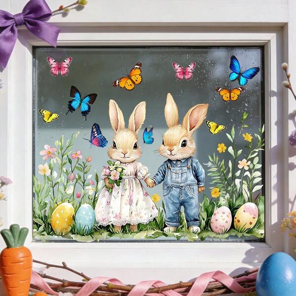 1/4pcsBunny Easter Egg Garden Window Stickers, Reusable PVC Electrostatic Adsorption Butterfly Stickers, Suitable For Decorating Glass Doors And Windows In Living Rooms, Balconies And Bedrooms.