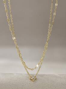 Tkool 2pcs Fashionable Clover Pendant Necklace With Micro-Inlaid Zirconia, Double-Layer Collarbones Chain - Yellow Gold - View 2