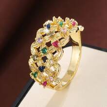 1pc Fashion Grid Flower Design Cubic Zirconia Inlaid Women's Casual Gift Ring - Multicolor - View 16