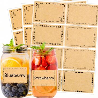 80 miếng/10 tờ giấy Kraft, nhãn dán lưu trữ khung tối giản, nhãn dán có thể viết và dán trống.
