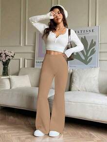 Quần yoga ống loe cạp cao màu trơn dành cho nữ, quần legging bó sát hỗ trợ tập luyện thể thao, chạy bộ, thể dục. - màu đất - Xem 5