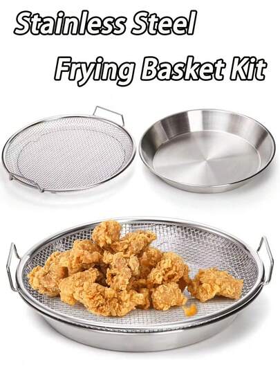 Stainless Steel Frying Basket And Tray - Collapsible Round Mesh Basket And Oil Drip Tray, Heat Resistant And Oil Proof, Suitable For Frying, Sauteing, Washing Vegetables, Dishwasher