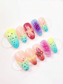 30 miếng dán móng tay 3D hình hoa và chấm bi đỏ, hình dáng hạnh nhân, màu xanh lá nhạt, thích hợp sử dụng hàng ngày, cho mùa xuân/hè. - Nhiều màu - Xem 2