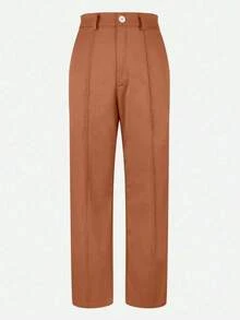 （不含腰带）女士纯色直筒裤，前部褶裥设计，纽扣和拉链闭合，搭配系腰带衬衫和高跟鞋，打造干练的职场造型；搭配白色T恤和运动鞋，营造休闲现代的春季氛围。 - 棕色 - 查看 4