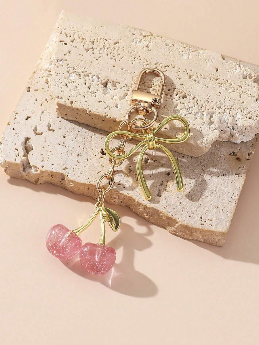 1pc Unisex New Shiny Faux Cherry Keychain Fashionable Delicate 3D Cherry Bow Bag Charm Travel Essentials Kawaii Chinese - Pink - View 1