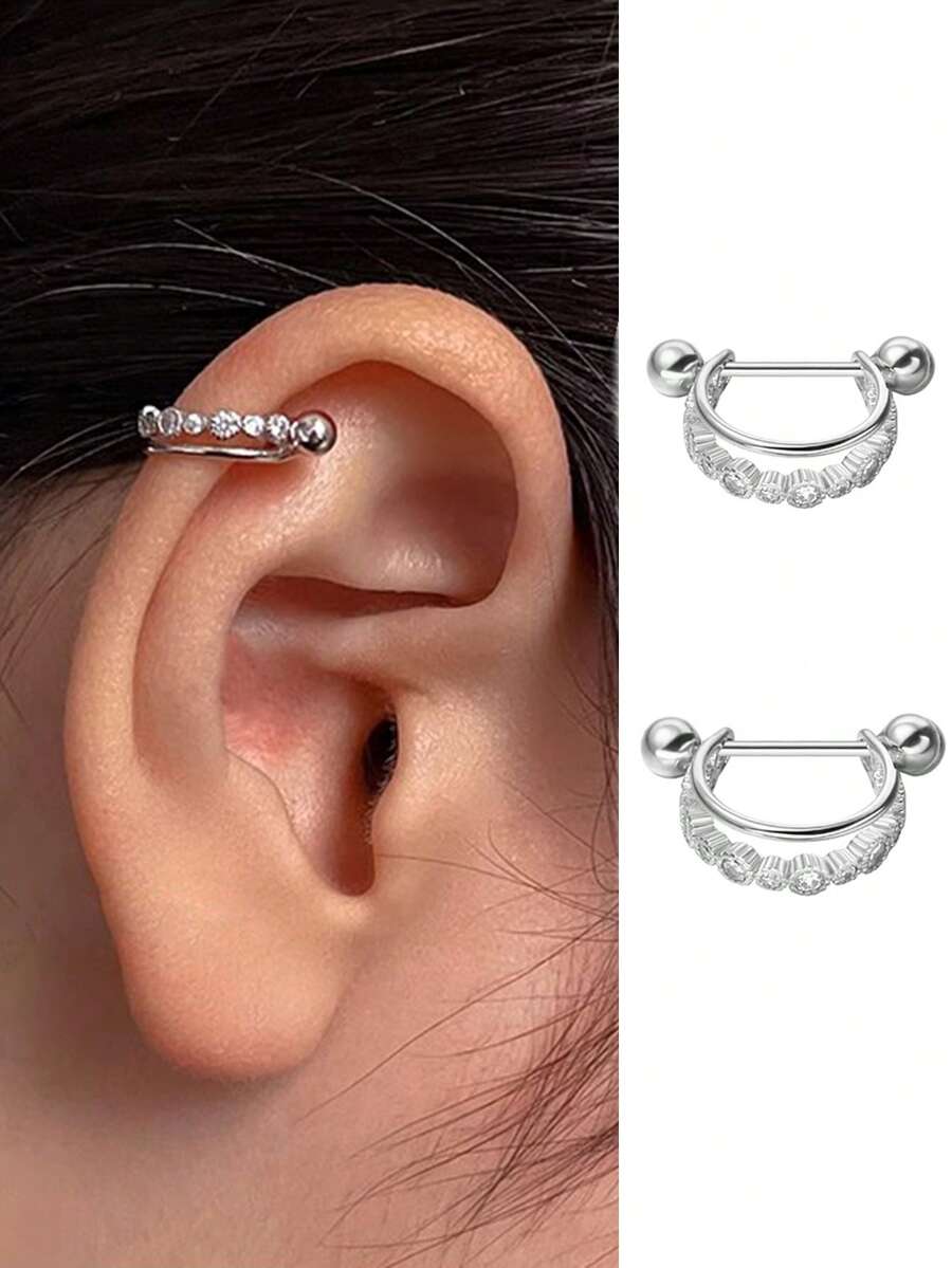 1 Pair Women's Stainless Steel Earrings, Fashion Zirconia Embedded C-Shape Screw Stud Earrings, Punk Piercing Daily Accessory - Silver - View 1