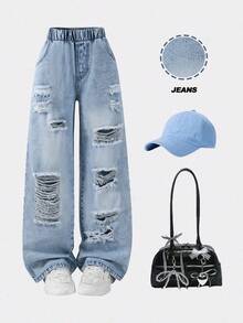 1条复古破洞牛仔裤，适合青少年女孩休闲时尚 - 彩色 - 查看 1