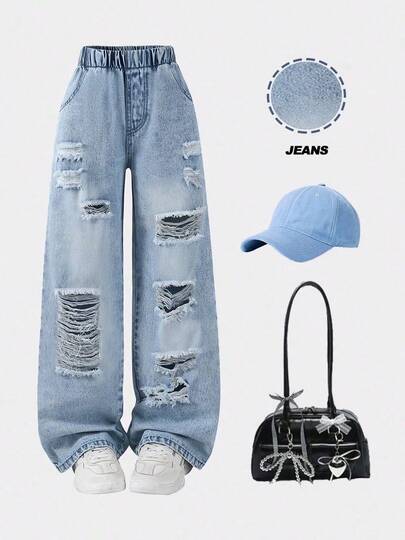 1条复古破洞牛仔裤，适合青少年女孩休闲时尚