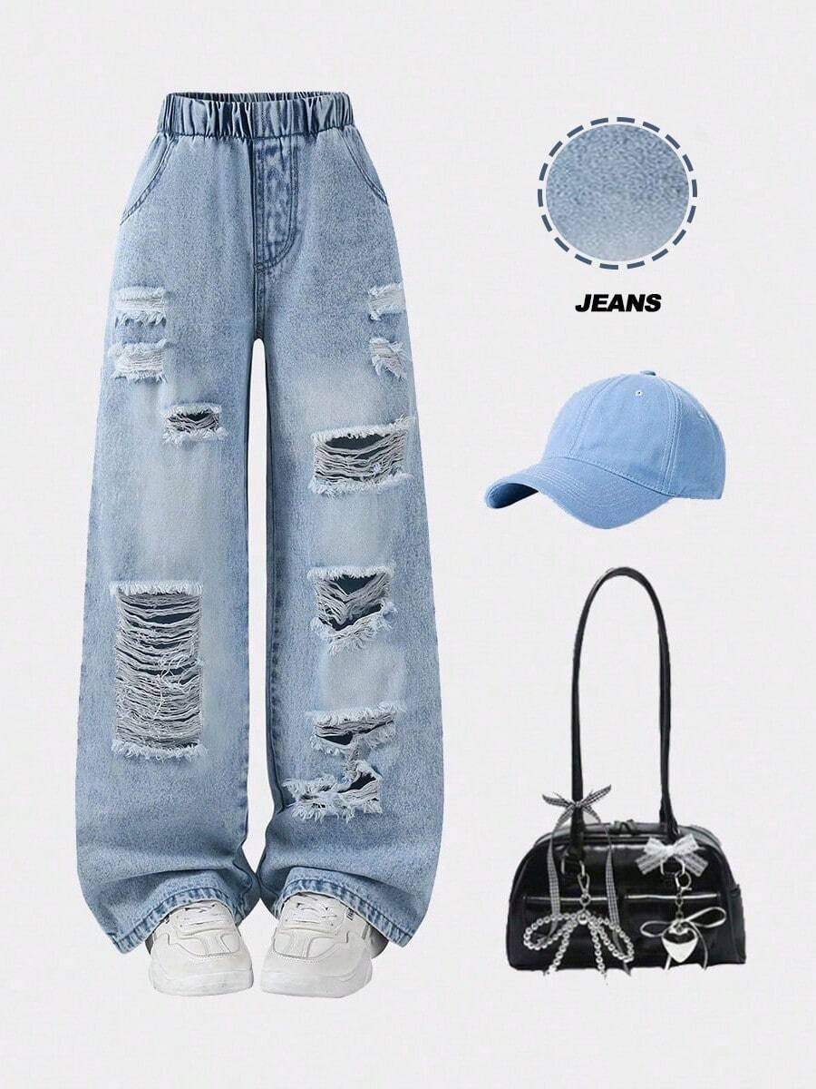 1条复古破洞牛仔裤，适合青少年女孩休闲时尚 - 彩色 - 查看 1