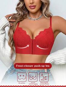 Women's Red Lace Front-Closure Underwire Push Up Bra - Side Coverage & Anti-Sag - Red - View 1