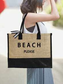 女士沙滩手提包套装，黑色和卡其色，印有“Beach Please”字样，大容量沙滩包内含化妆包、小收纳袋、帽子和可调节肩带，专业化妆包组合，轻松解决旅行途中化妆品收纳难题 - 彩色 - 查看 4