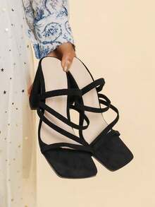 New Square Toe Retro Strap Thick Heels Gladiator Sandals For Women,Galentines,Sandals For Women,Valentine's Day,Zapatillas De Tacon Mujer,Black Heels - 黑色 - 查看 9
