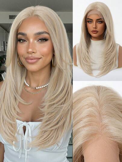 13*6 Lace Front Wig, 22 Inch Long Straight Blonde Synthetic Fiber Wig, Glueless Natural Looking, Suitable For Daily Wear, Perfect For Everyday, Party, New Year And Other Occasions