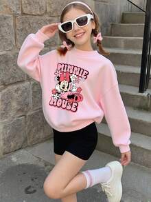 1pc Disney Minnie Mouse Floral Cheerful Graphic Tween Girl Cute Sweatshirt - Soft & Skin-Friendly, Perfect For Casual Outings & School Days - Hồng - Xem 2
