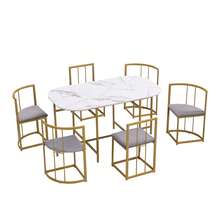 Set Of Six Tables And Chairs: (White Table With Black And Gold Iron Frame, Grey Chair Back Seat And Cushions), White, Gold. - Gold - View 3