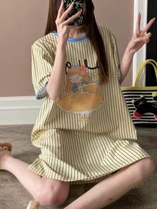 女士条纹黄色卡通拼接休闲圆领睡裙，适合春夏穿着 - 黃色 - 查看 4