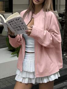 HUACAITA Bestselling Pink Faux Suede Jacket, Loose Fit Slimming Stand Collar Zipper Design Niche Sweet Girl Streetwear Short Outerwear - Pink - View 6