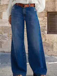 Women's Casual Denim Jeans (Waist Cinching And Hip Lifting - Small Size, Blue Multi Color Selection), Simple Style, Spring Casual Fashion Jeans, Suitable For All Seasons, Loose Hem, Back Pocket Design, Suitable For Daily Wear - Màu xanh đậm * Phong cách thời trang mùa xuân - Xem 3