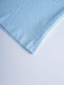 Perforated Embroidered Square Neck T-Shirt, Casual Short Sleeve Front Ruched Top, For Women, Spring/Summer - Sky Blue - View 7