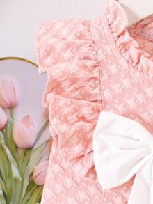 1件装女童甜美可爱粉色荷叶边领短袖连衣裙，春夏户外/度假风格 - 粉色 - 查看 5