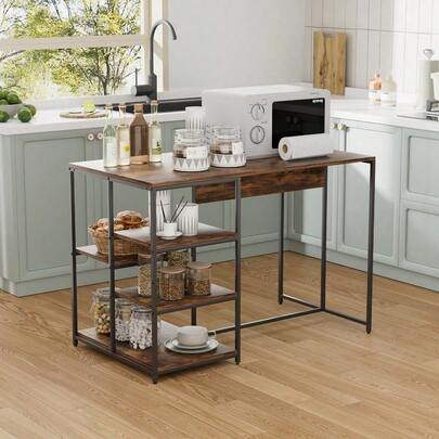 Baker'S Rack, Kitchen Storage Baker'S Rack With Wood Table, Microwave Oven Rack, 5 Shelves, Metal Frame, Industrial Coffee Bar Station For Kitchen Baking, L110 X W60 X H75 CM Rustic Brown