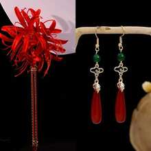 红色朱顶红长流苏发夹，仿真花发簪，中式汉服发饰，新娘发饰，发髻延长发饰，发型发夹，头饰，女士发饰 - 紅色 - 查看 6