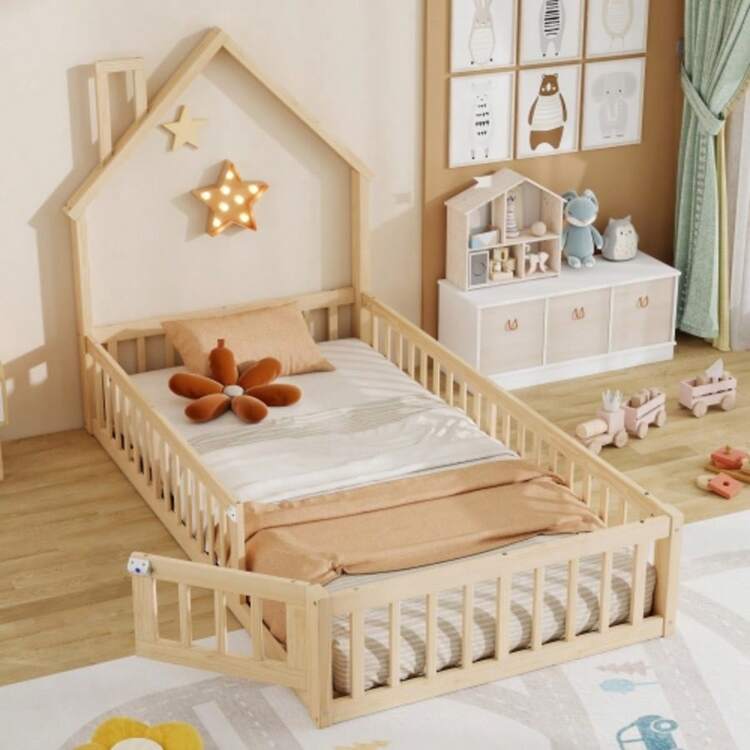 Hausbett, 90 X 200 Cm, Kinderbett Mit Schornsteinform, Bett Mit Lattenrost (Ohne Matratze), Kiefernholz, Minimalist Style, Nature - 自然的 - 查看 1